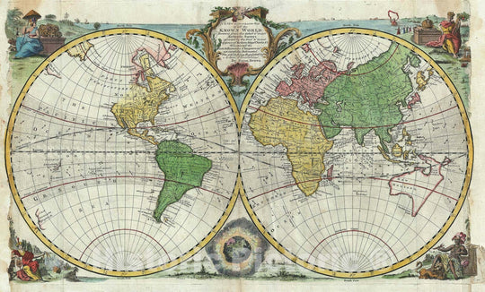 Historic Map : The World in Hemispheres "Sea of Korea identified", Bowen, 1747 v1, Vintage Wall Art