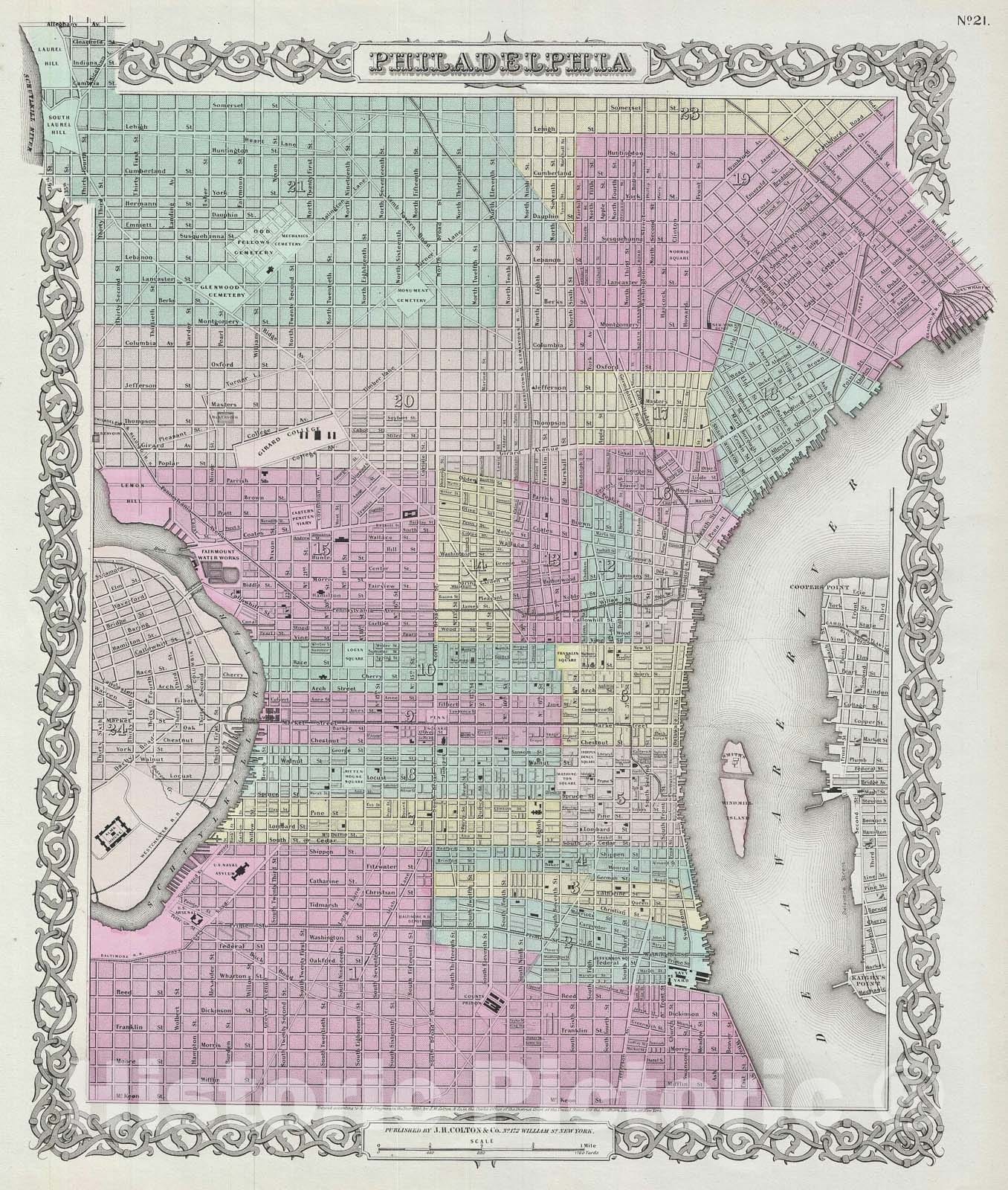 Historic Map : Plan of Philadelphia, Colton, 1856, Vintage Wall Art