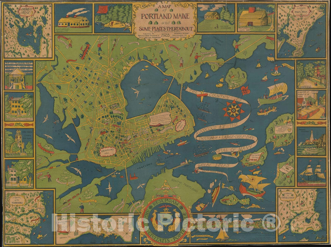 Historic Map : Pictorial City Map of Portland, Maine, 1928, Vintage Wall Art