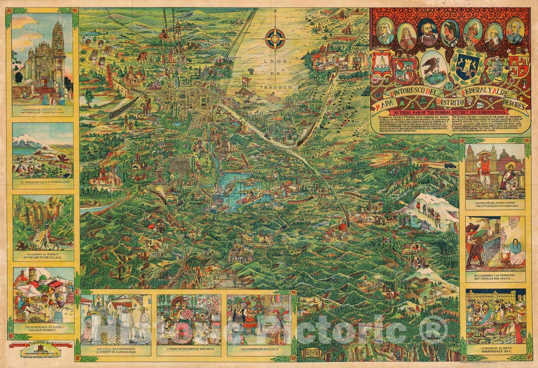 Historic Map : Pictorial Map of Mexico City "DF", Mexico, Miguel Gomez Medina, 1935, Vintage Wall Art