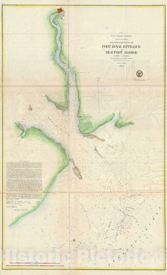 Historic Map : Beaufort Harbor, South Carolina and Port Royal Entrance, U.S. Coast Survey, 1855, Vintage Wall Art