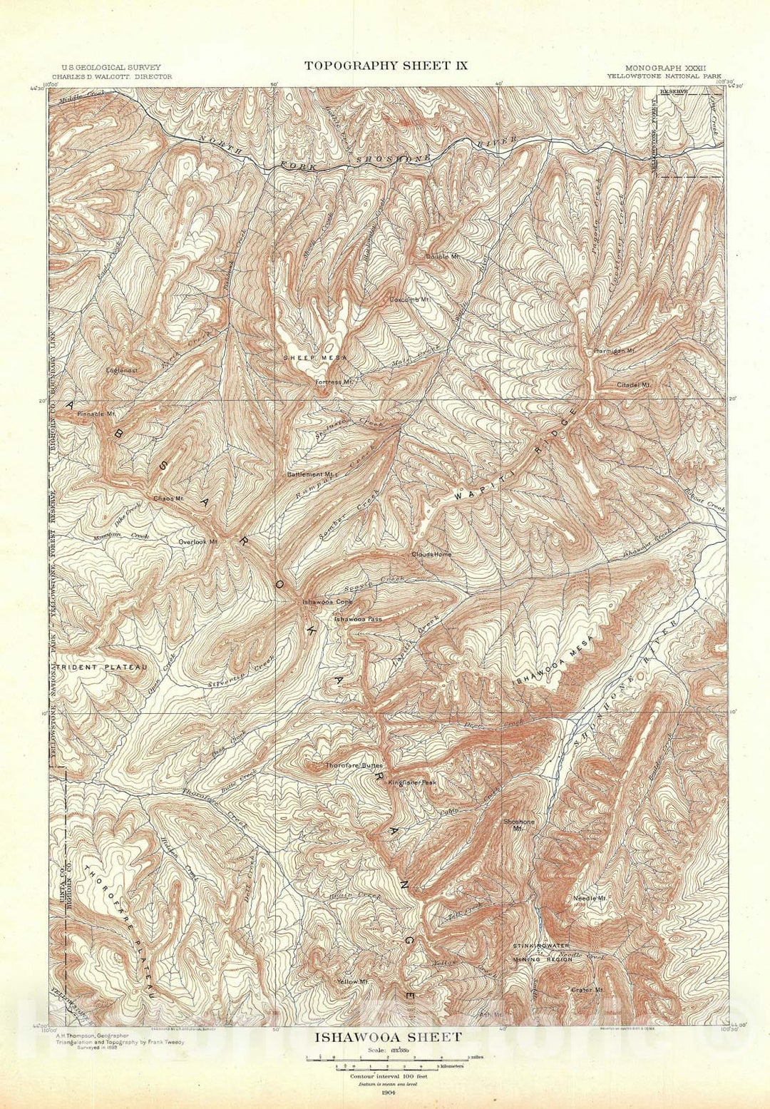 Historic Map : USGS Topographic Ishawooa, Yellowstone National Park, 1904, Vintage Wall Art