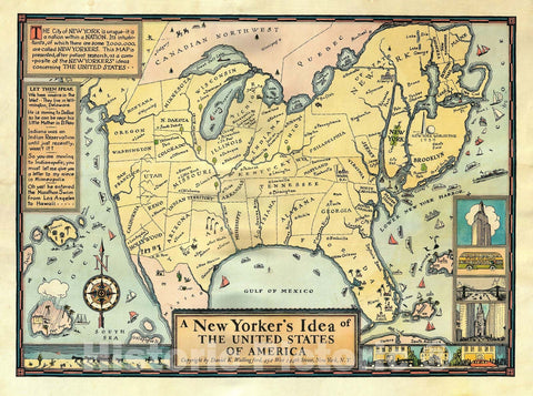 Historic Map : The United States as seem by a New Yorker, Wallingford, 1939, Vintage Wall Art