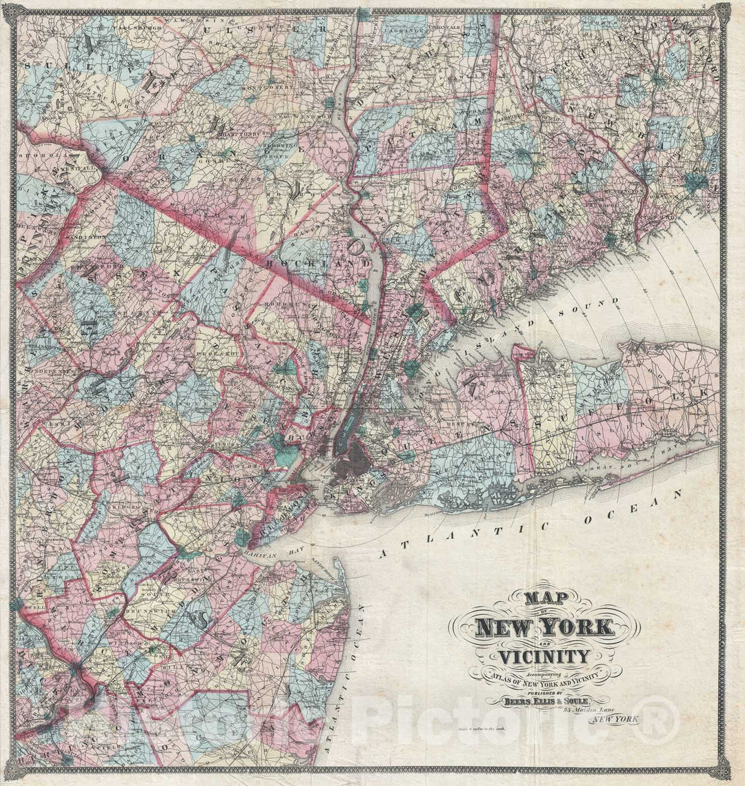 Historic Map : New York City and Vicinity " Westchester, Long Island, Newark, Bergen ", Beers, 1867, Vintage Wall Art