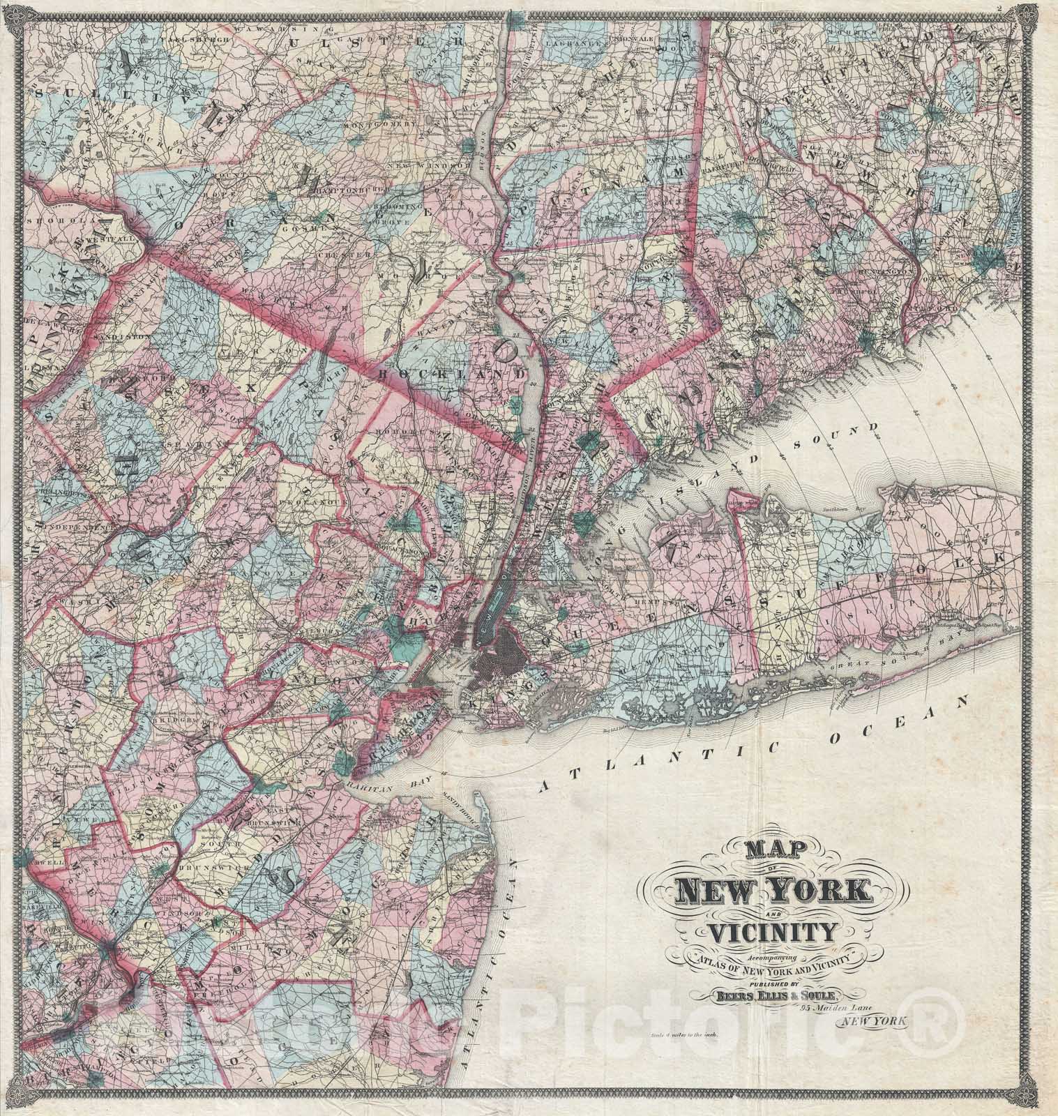 Historic Map : New York City and Vicinity " Westchester, Long Island, Newark, Bergen ", Beers, 1867, Vintage Wall Art