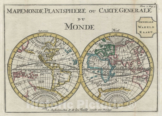 Historic Map : The World on Hemisphere Projection, de La Feuille, 1706, Vintage Wall Art