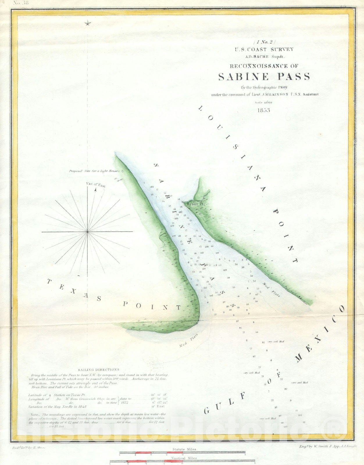 Historic Map : Sabine Pass " Texas &amp; Louisiana", U.S.C.S., 1853, Vintage Wall Art