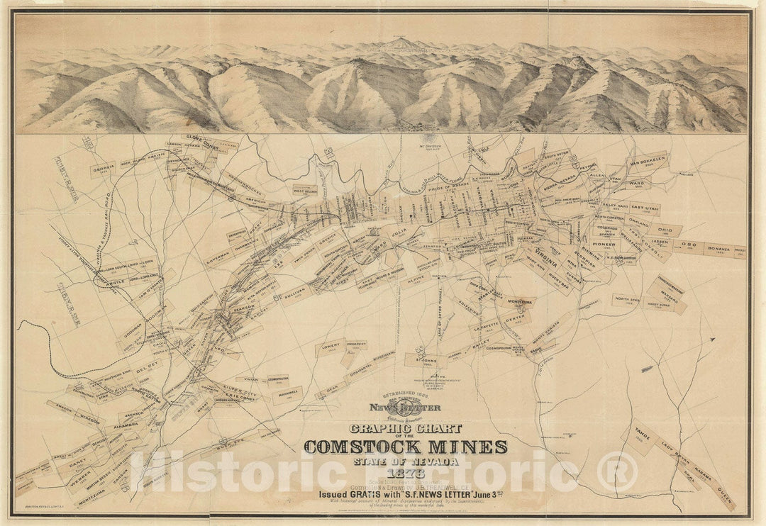 Historic Map : The Comstock Mines, Nevada, Treadwell and, 1876, Vintage Wall Art