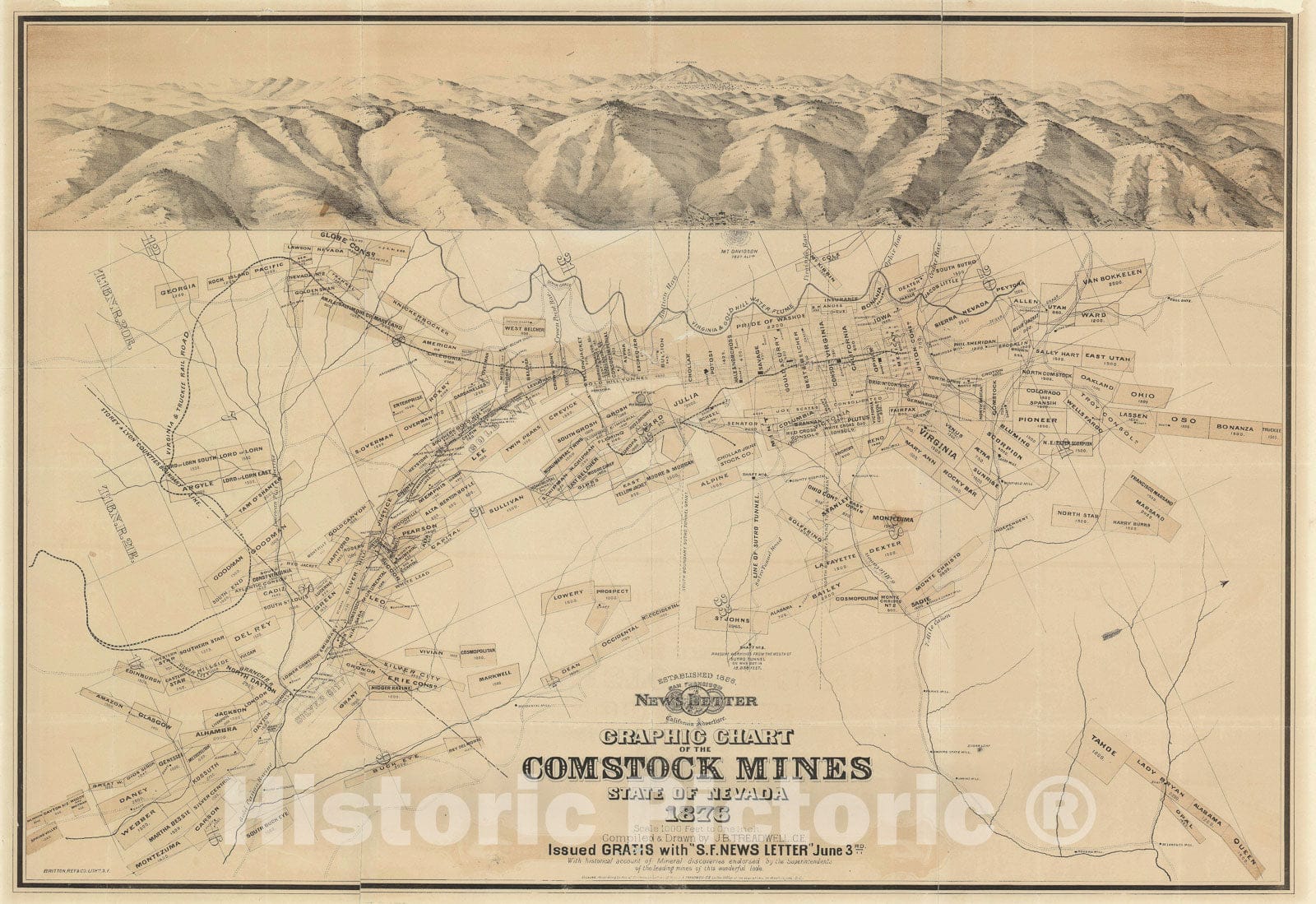 Historic Map : The Comstock Mines, Nevada, Treadwell and, 1876, Vintage Wall Art