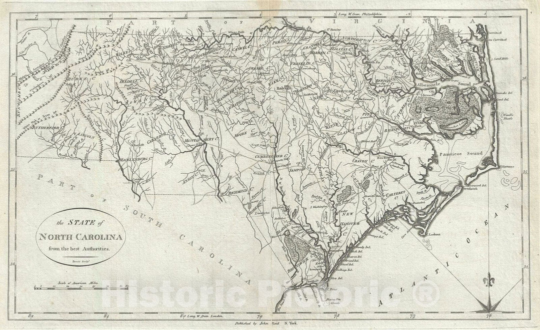 Historic Map : North Carolina, John Reid, 1796, Vintage Wall Art