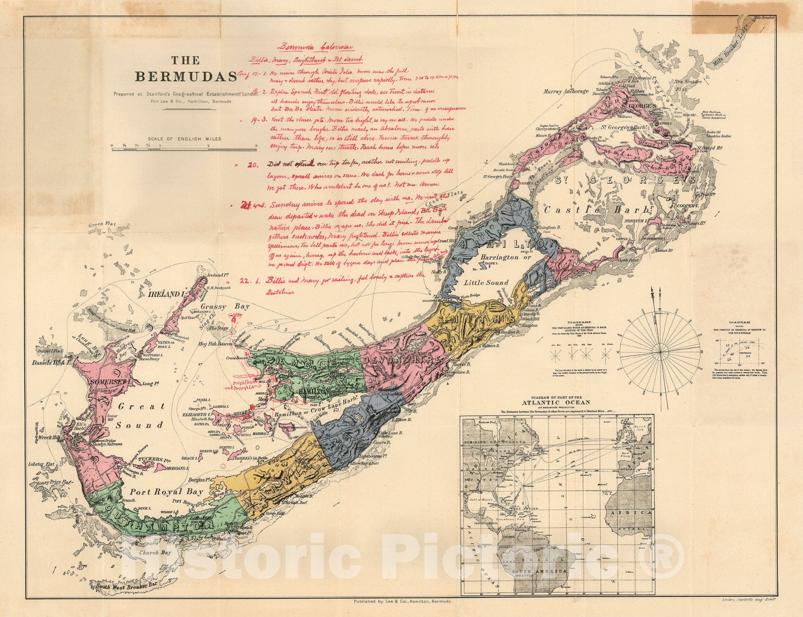 Historic Map : Bermuda Recording a 1921 Visit in Manuscript, Stanford, 1880, Vintage Wall Art