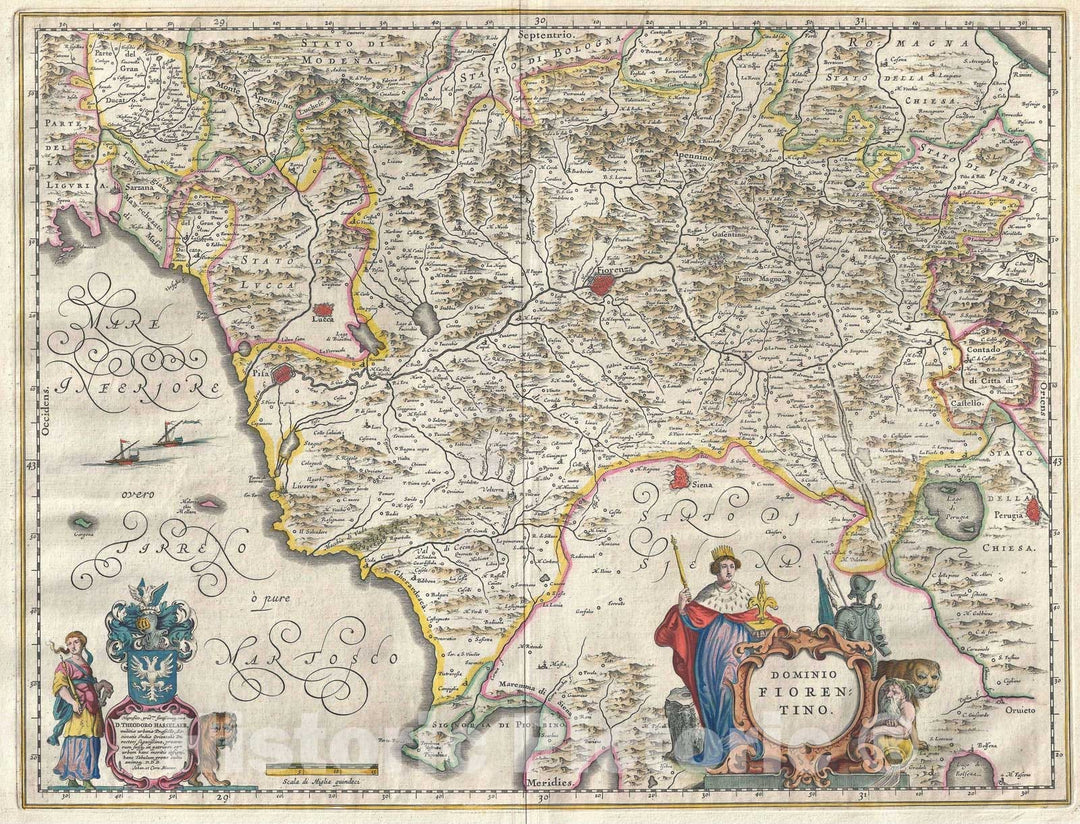 Historic Map : Tuscany "Florence", Italy, Blaeu, 1646, Vintage Wall Art