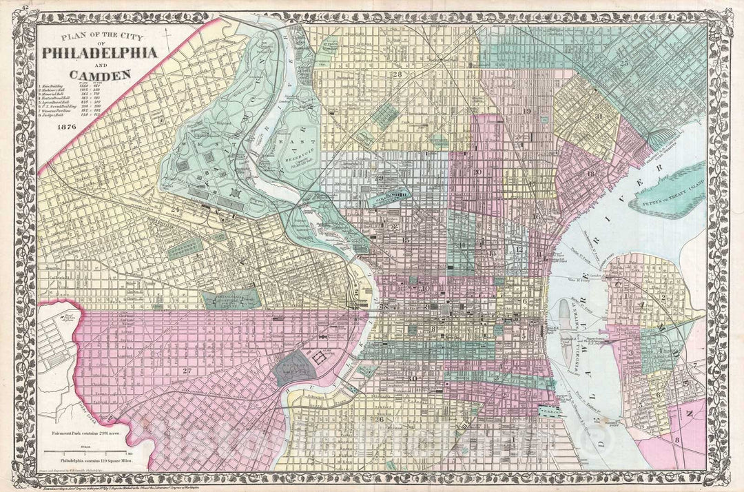 Historic Map : Philadelphia, Pennsylvania, Mitchell, 1876, Vintage Wall Art