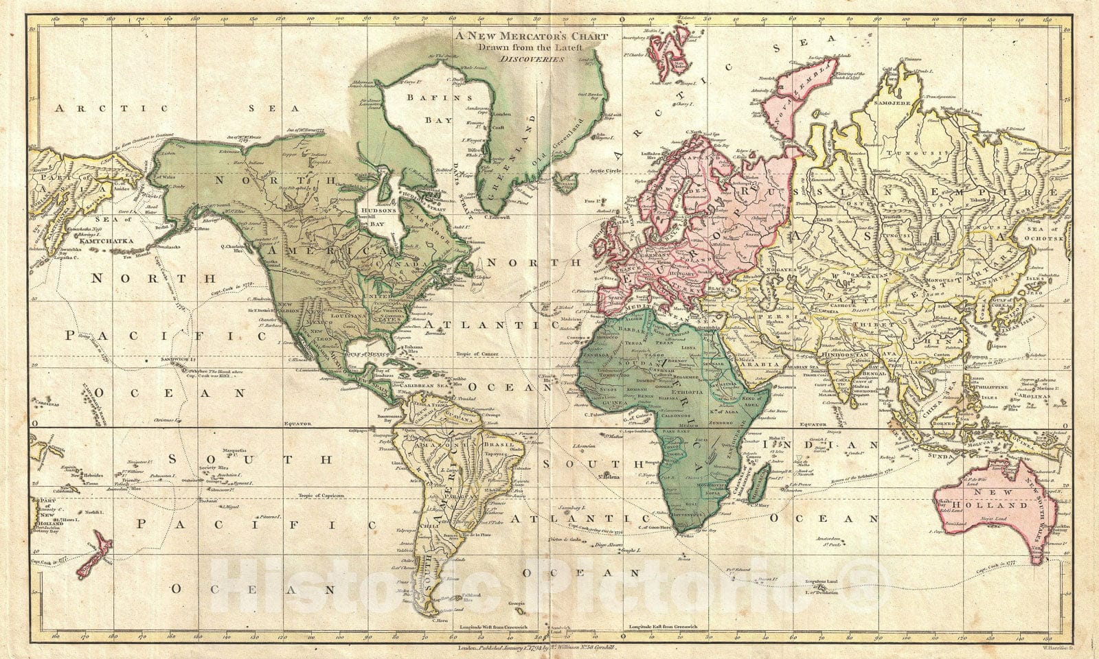 Historic Map : The World on a Mercator Projection, Wilkinson, 1794, Vintage Wall Art