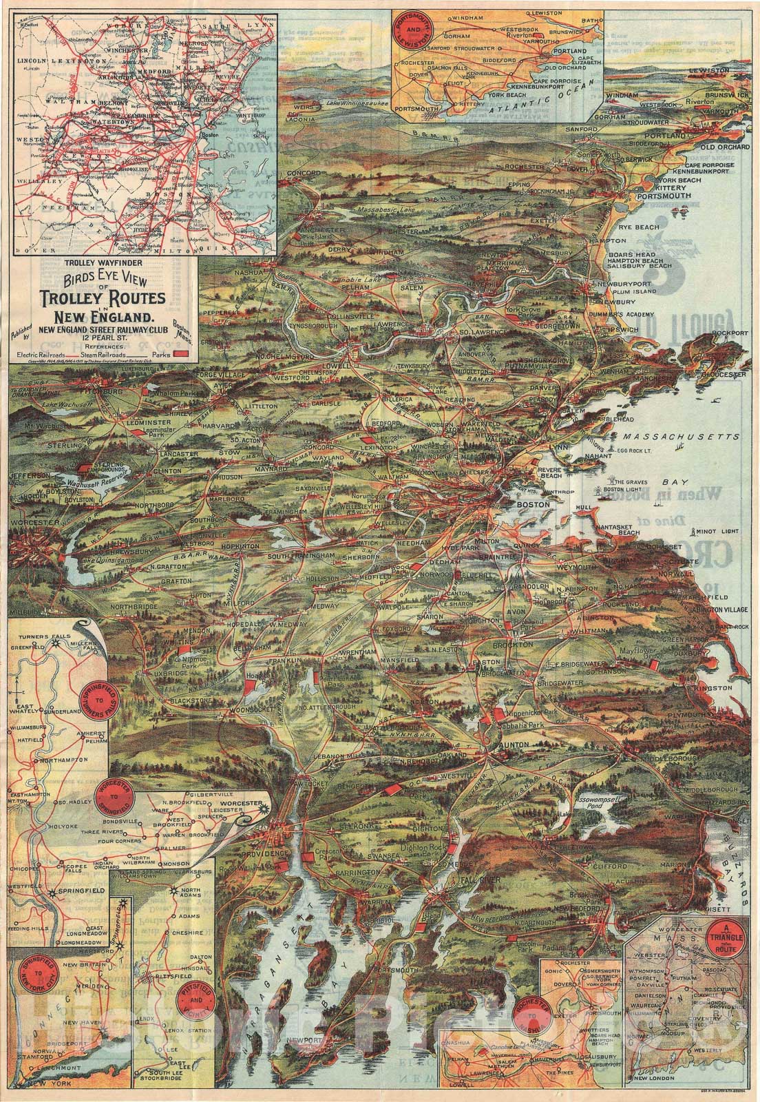 Historic Map : Walker Trolley Map and View of New England Centered on Boston, 1907, Vintage Wall Art