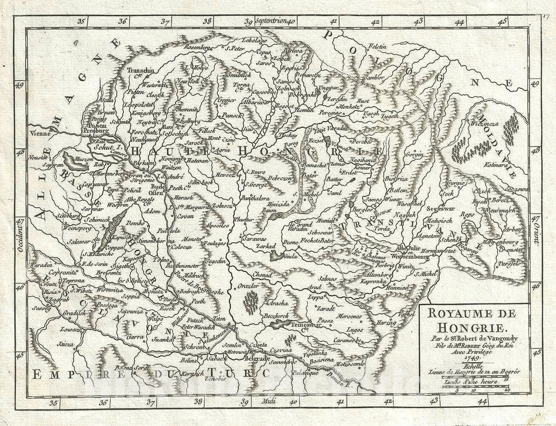 Historic Map : Hungary and Transylvania "Romania", Vaugondy, 1749, Vintage Wall Art