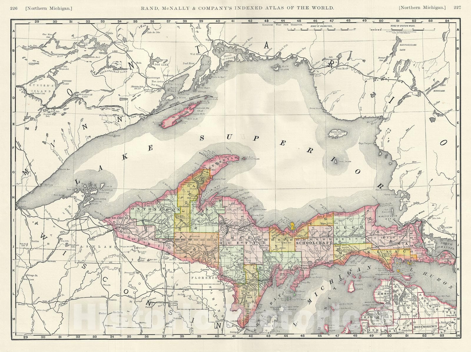 Historic Map : The Northern Michigan and Lake Superior, Rand McNally, 1889, Vintage Wall Art