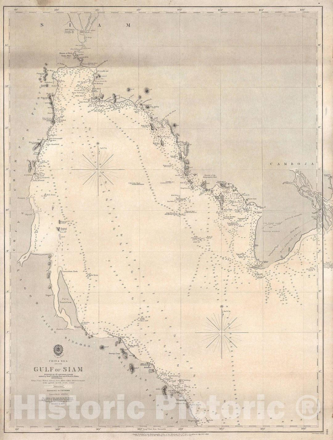 Historic Map : Nautical Chart The Gulf of Siam, 1858, Vintage Wall Art