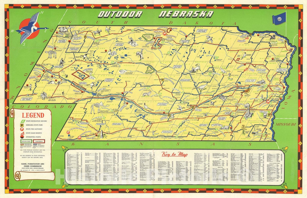 Historic Map : Nebraska illustrating 'OutArt Life', Christiansen, 1939, Vintage Wall Art