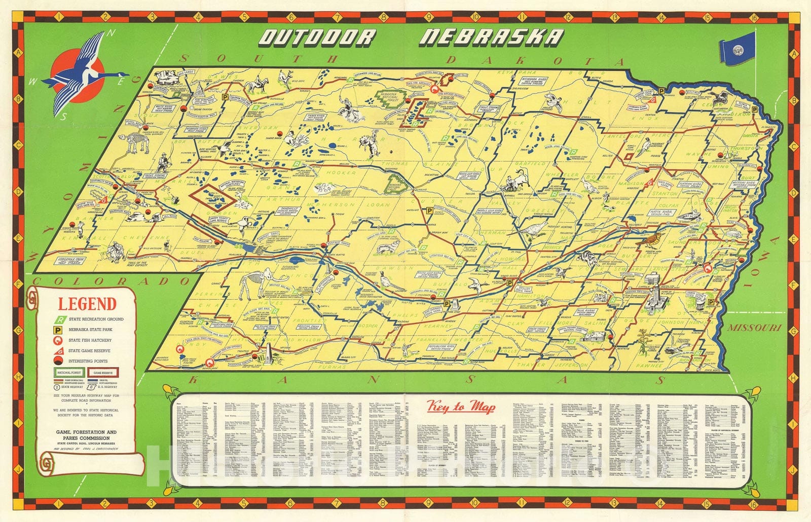 Historic Map : Nebraska illustrating 'OutArt Life', Christiansen, 1939, Vintage Wall Art