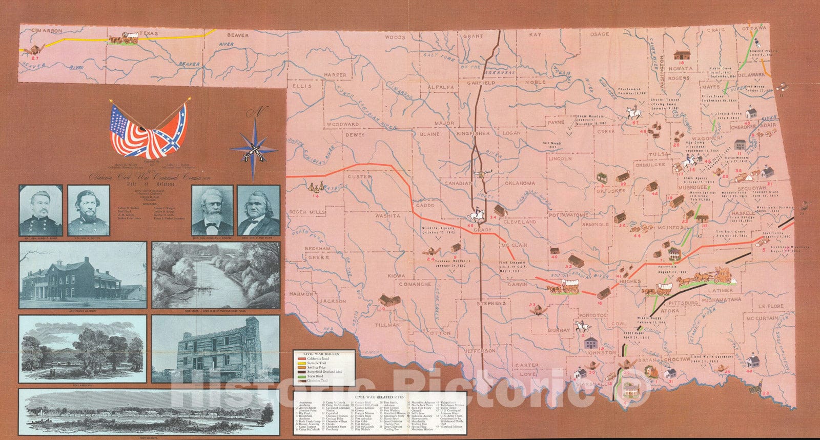 Historic Map : Pictorial Map of Oklahoma Civil War Sites, Wright and Fischer, 1963, Vintage Wall Art