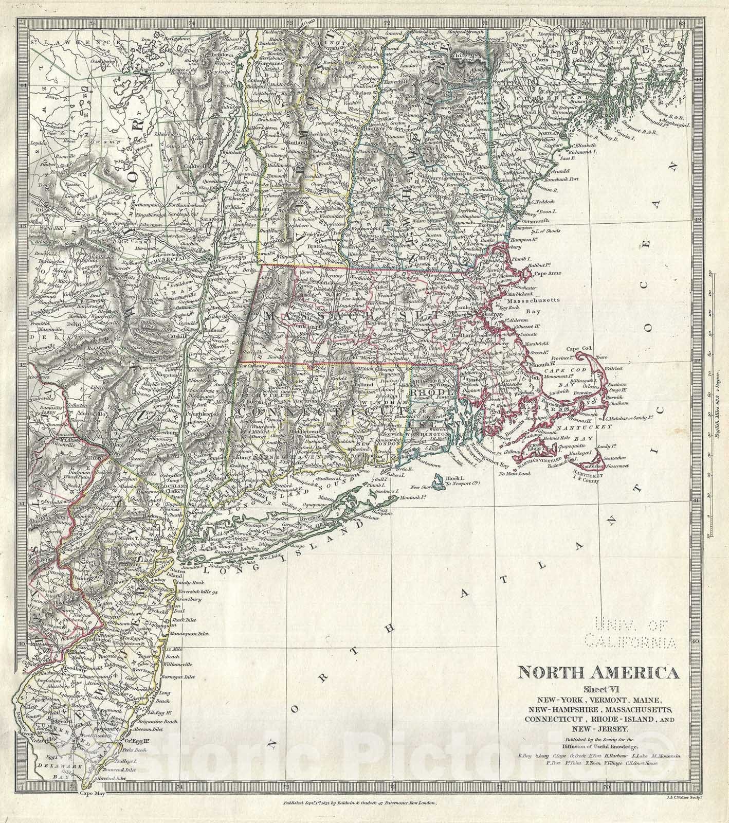 Historic Map : New England, New York and New Jersey, S.D.U.K, 1832, Vintage Wall Art