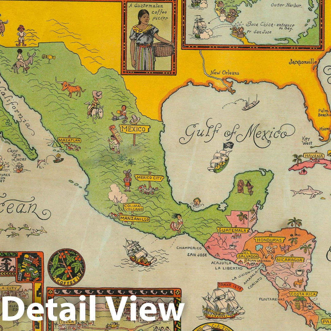 Historic Map : Jo Mora Pictorial Map of Central America / The Spanish Main, 1933, Vintage Wall Art