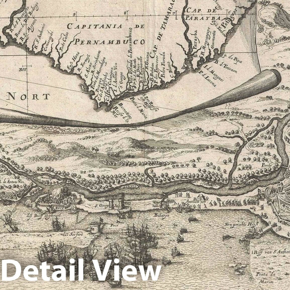 Historic Map : Coast of Brazil and View of Olinda and Recife, Brazil, Merian, 1655, Vintage Wall Art