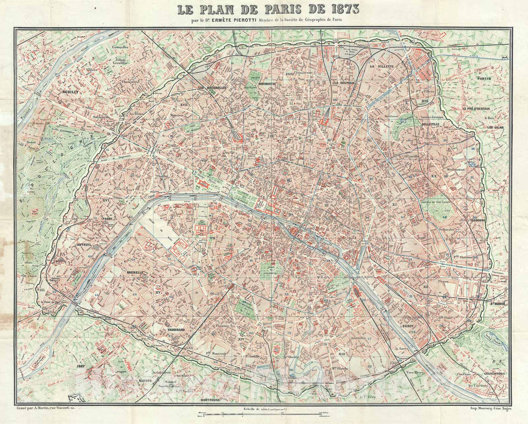 Historic Map : Paris, France, Pierotti, 1873, Vintage Wall Art