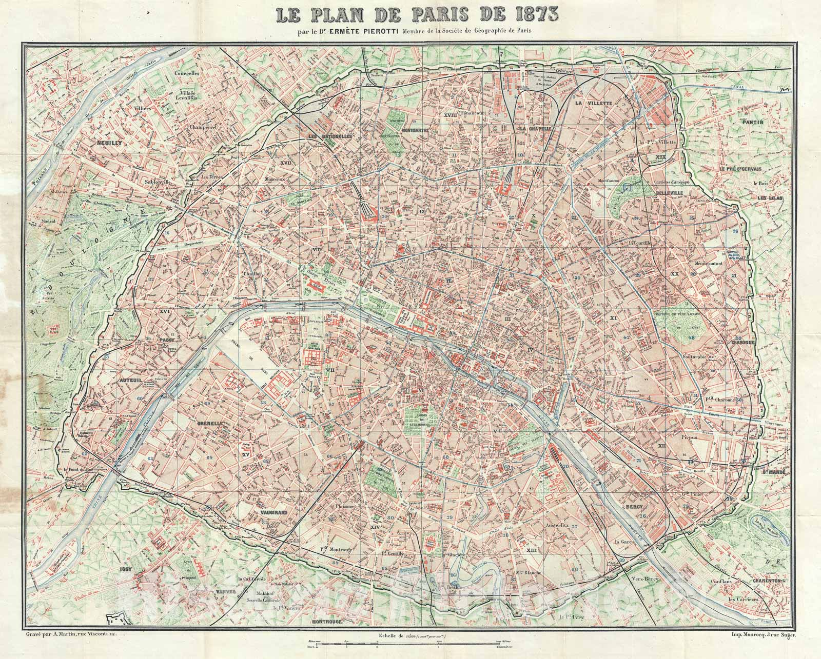 Historic Map : Paris, France, Pierotti, 1873, Vintage Wall Art