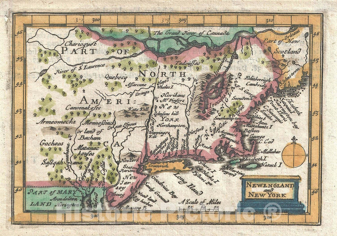 Historic Map : New England and New York, Speed, 1675, Vintage Wall Art