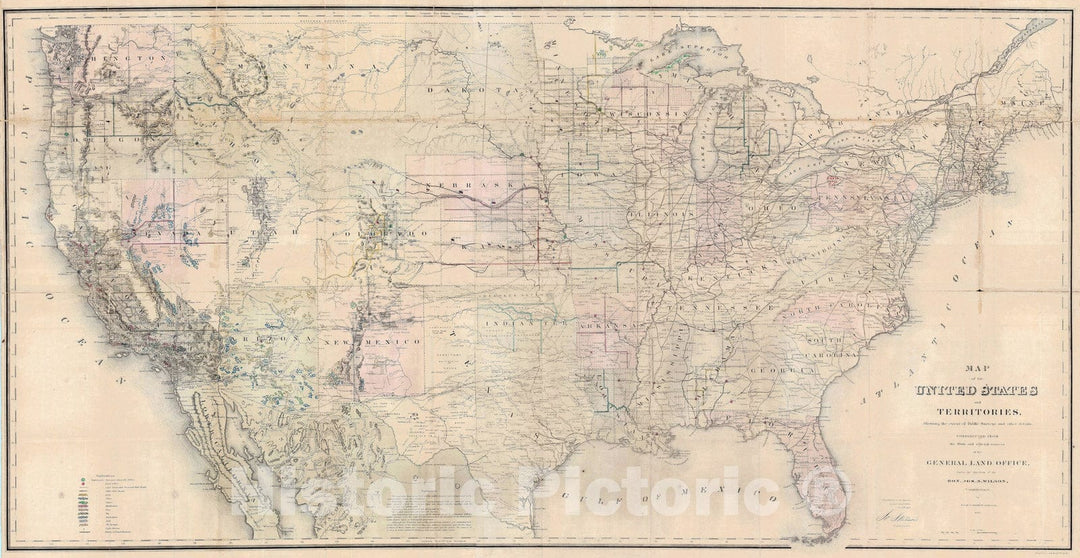 Historic Map : The United States w/ Mineral Deposits, General Land Office, 1867, Vintage Wall Art