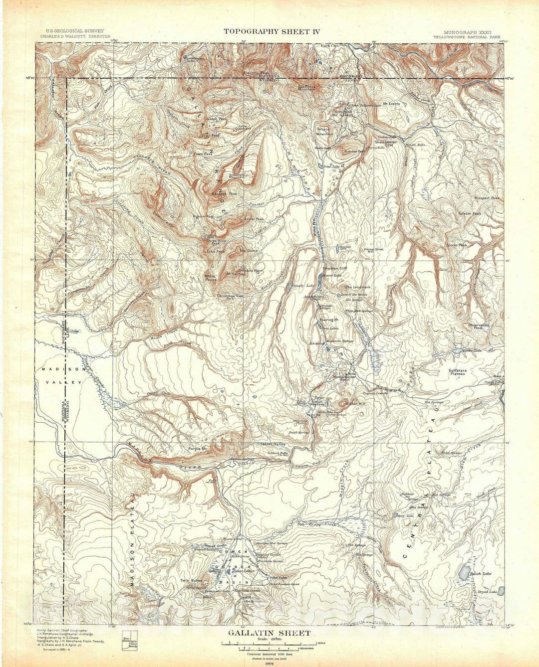 Historic Map : USGS Topographic Gallatin, Yellowstone National Park, 1904, Vintage Wall Art