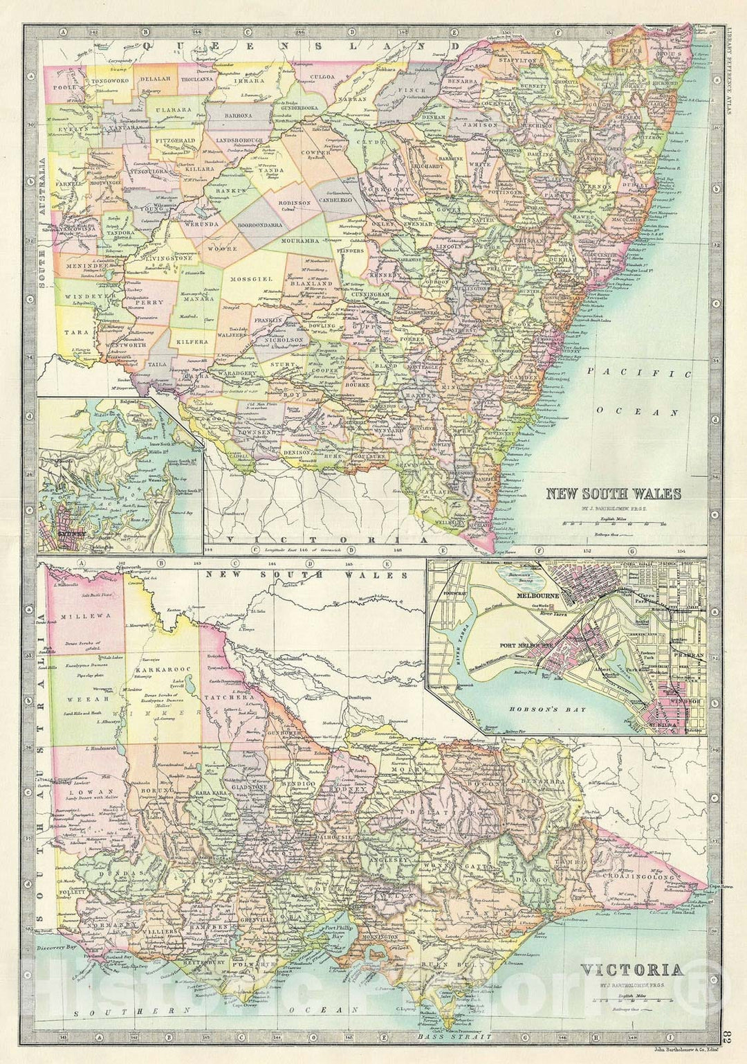 Historic Map : New South Wales and Victoria, Australia, Bartholomew, 1890, Vintage Wall Art