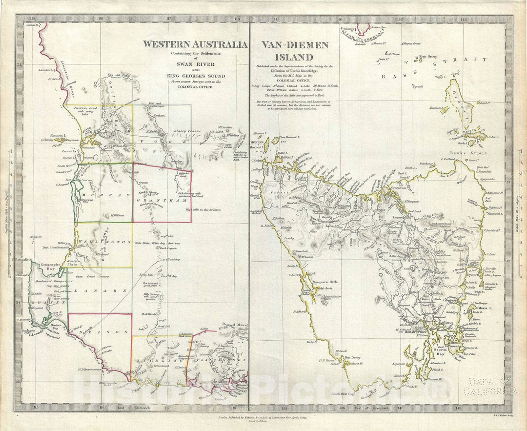 Historic Map : Western Australia and Van Diemen IslanArt Tasmania, S.D.U.K., 1833, Vintage Wall Art