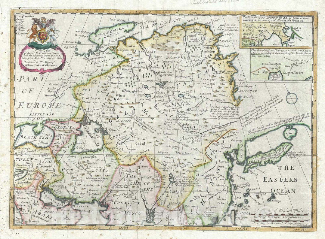 Historic Map : China and Tartary "w/ Siberia", Wells, 1712, Vintage Wall Art