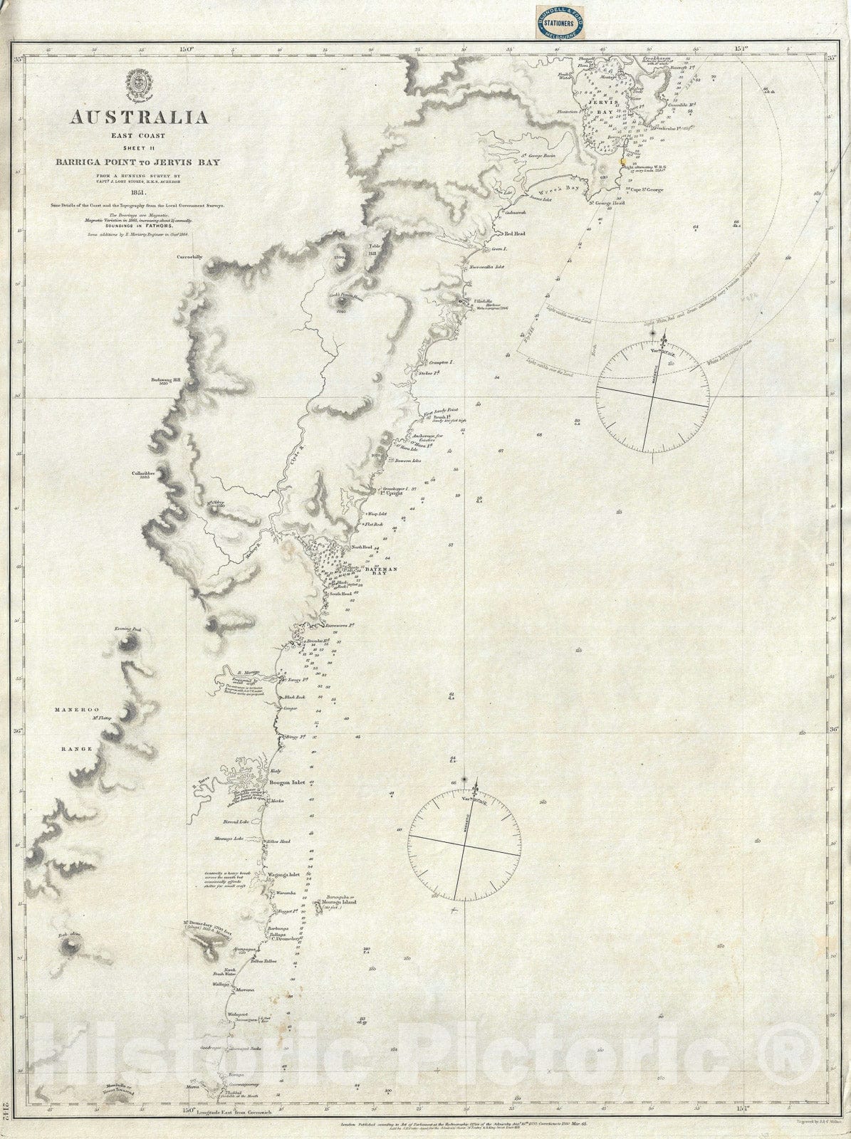 Historic Map : Nautical Chart Eastern Australia: Barriga Point to Jervis Bay, Stokes, 1865, Vintage Wall Art