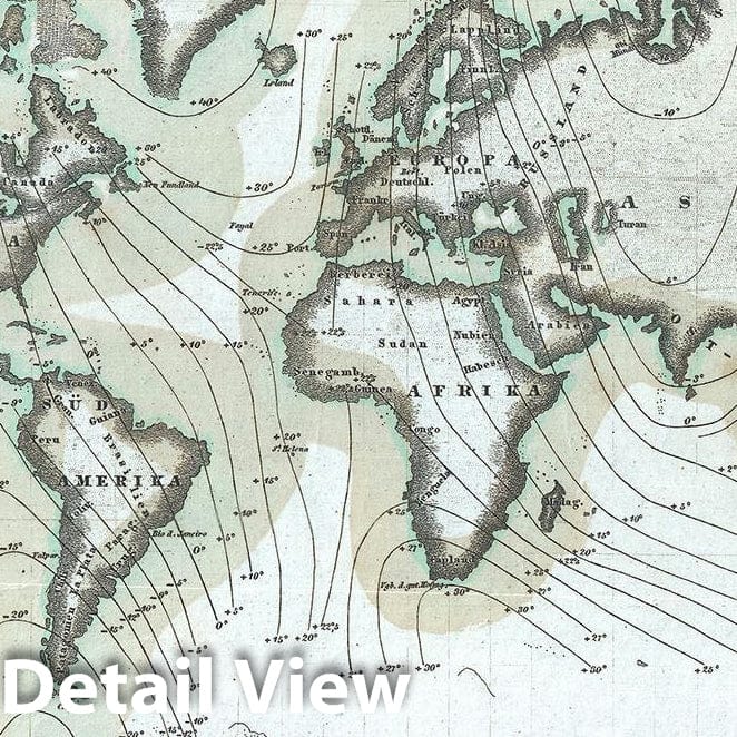 Historic Map : Showing Magnetic Declination over The World, Meyer, 1852, Vintage Wall Art