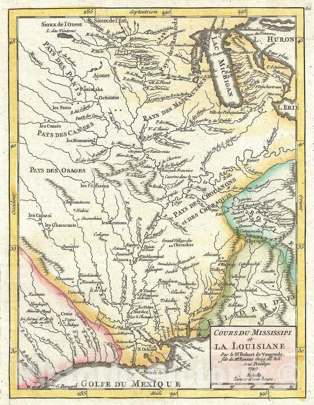 Historic Map : The Mississippi River and Louisiana, Vaugondy, 1749, Vintage Wall Art