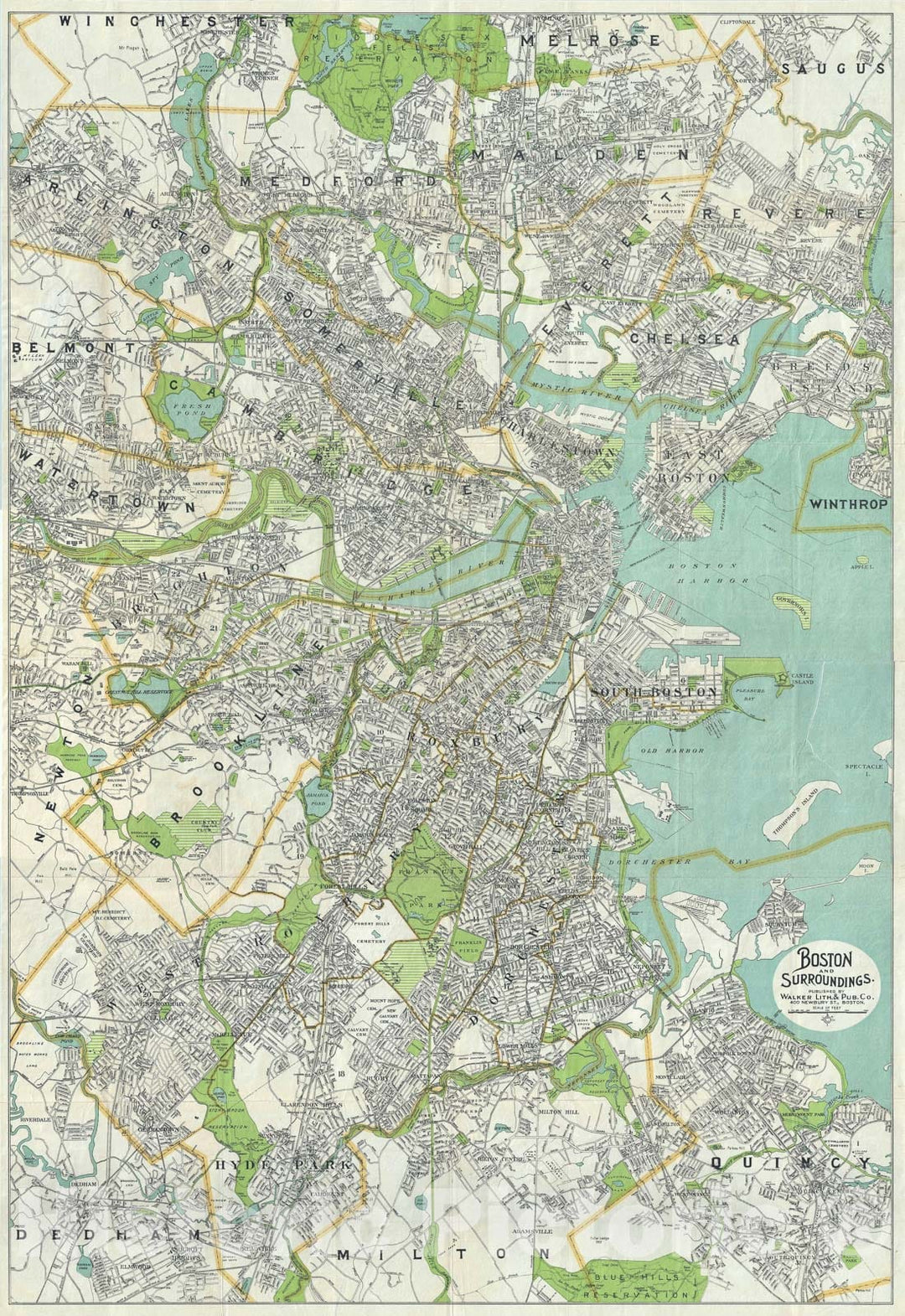 Historic Map : Plan of Boston, Massachusetts, Walker, 1910, Vintage Wall Art