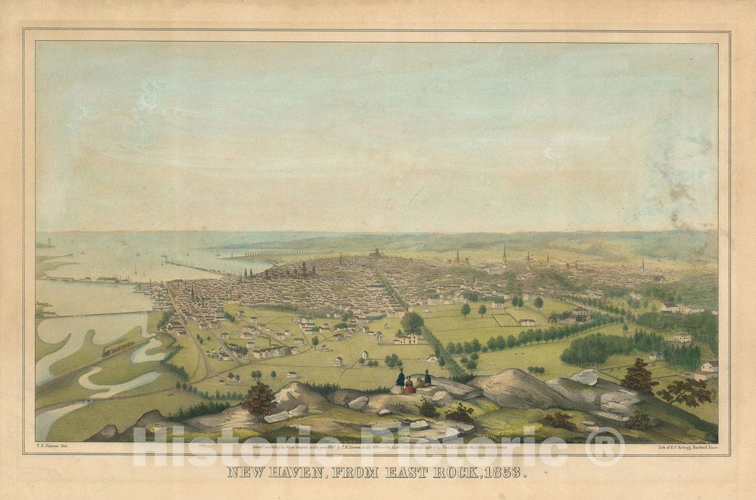 Historic Map : View of New Haven, Connecticut, from East Rock, Darrow and Kellog, 1853, Vintage Wall Art