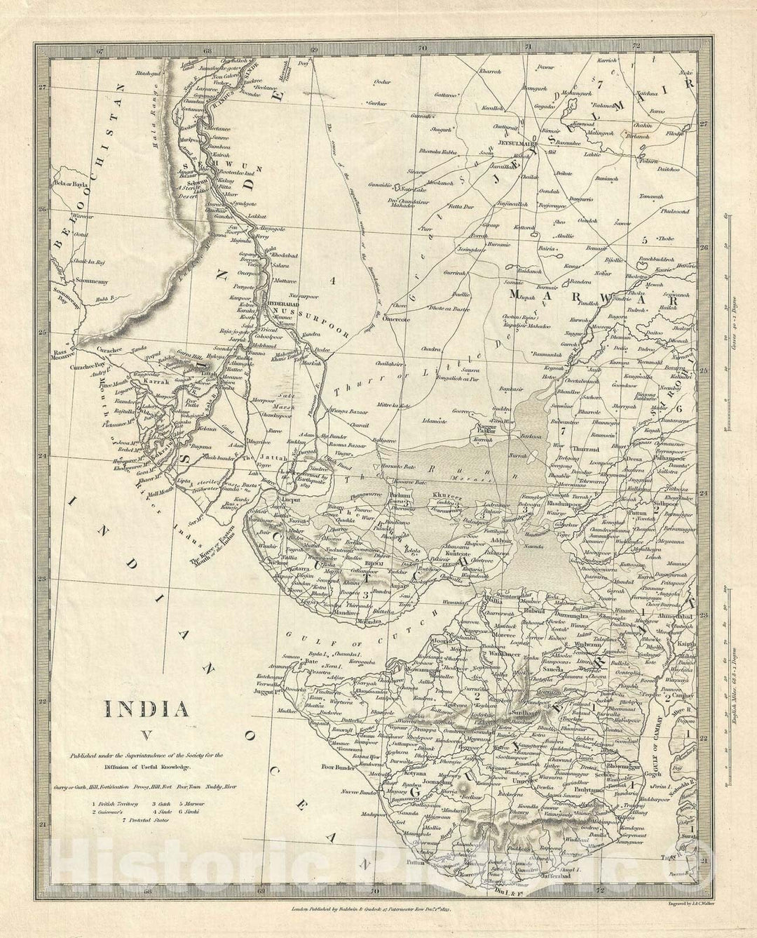 Historic Map : Western India "Gujarat", S.D.U.K., 1833, Vintage Wall Art