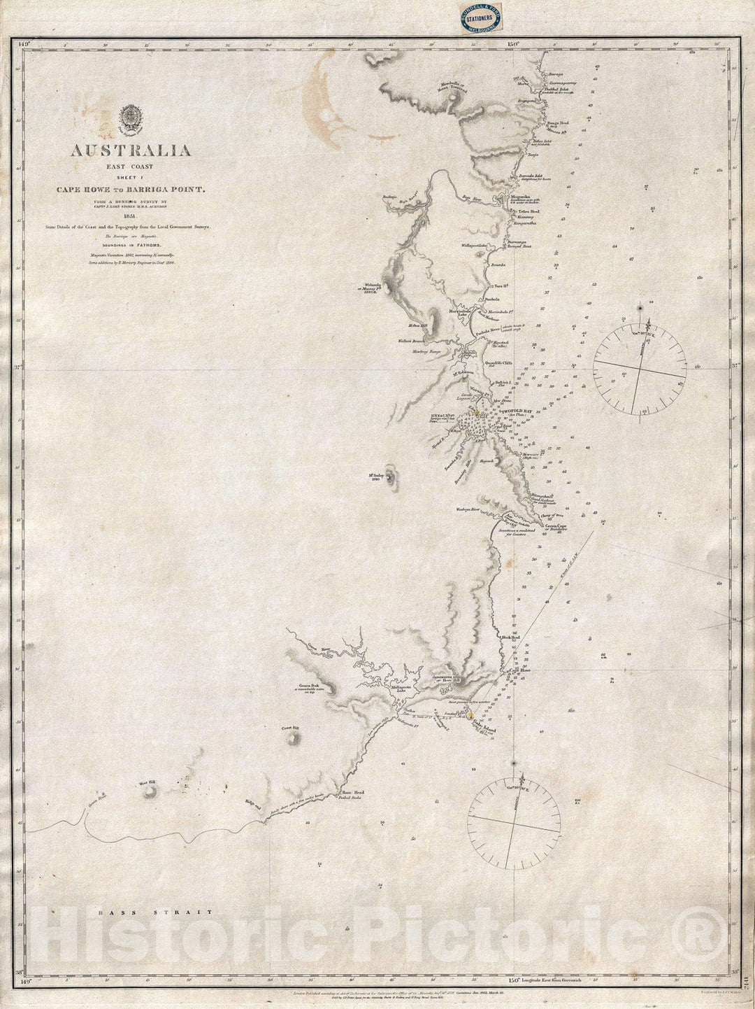 Historic Map : Eastern Australia: Cape Howe to Barriga Point, Stokes Admiralty, 1865, Vintage Wall Art