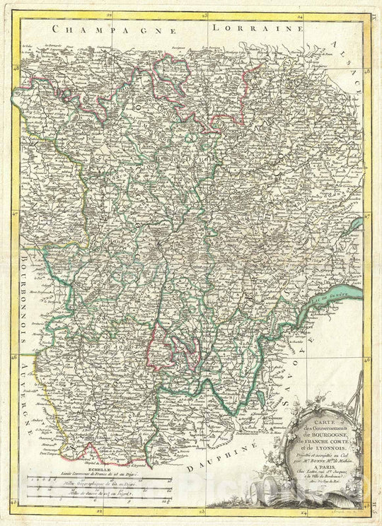 Historic Map : Burgundy, Franche-Comté, and Lyonnais, France, Bonne, 1771, Vintage Wall Art