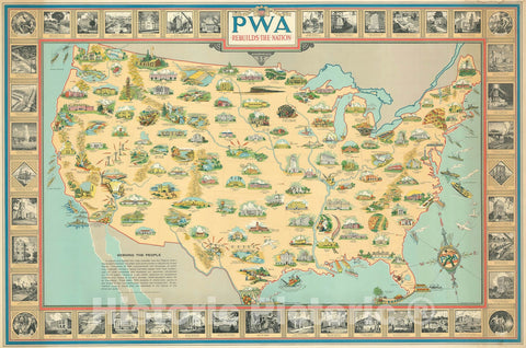 Historic Map : PWA Pictorial map of The United States, Purdy, 1939, Vintage Wall Art