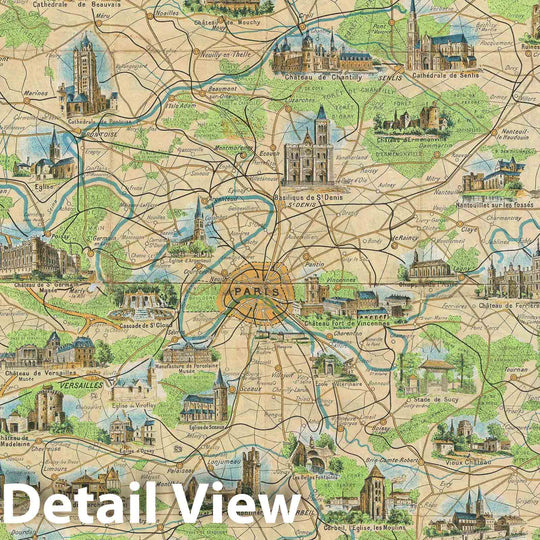 Historic Map : Leconte Pictorial Map of The Environs of Paris, France, 1948, Vintage Wall Art