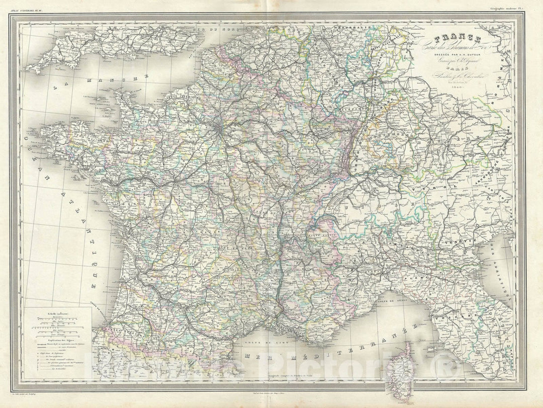 Historic Map : France, Dufour Railroad, 1860, Vintage Wall Art