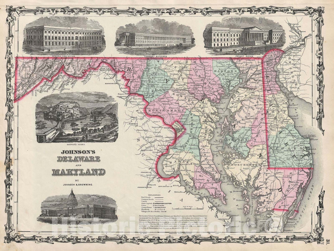 Historic Map : Delaware and Maryland, Johnson, 1861, Vintage Wall Art