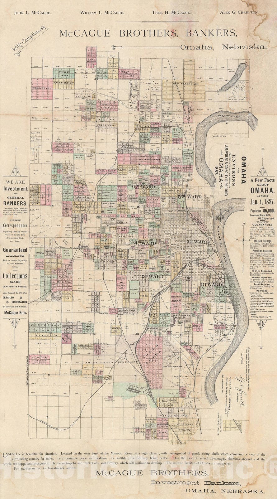 Historic Map : Plan of Omaha, Nebraska, Mann and Wolfe, 1887, Vintage Wall Art