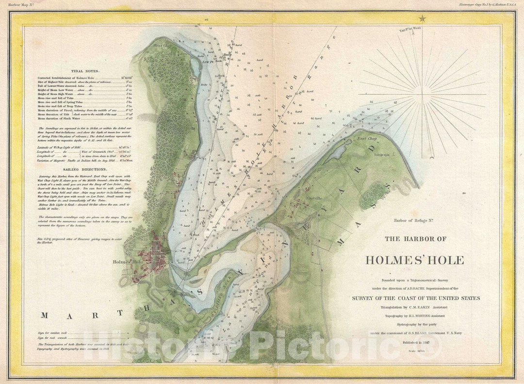 Historic Map : Holmes' Hole, Martha's Vineyard, Massachusetts, U.S. Coast Survey, 1847, Vintage Wall Art